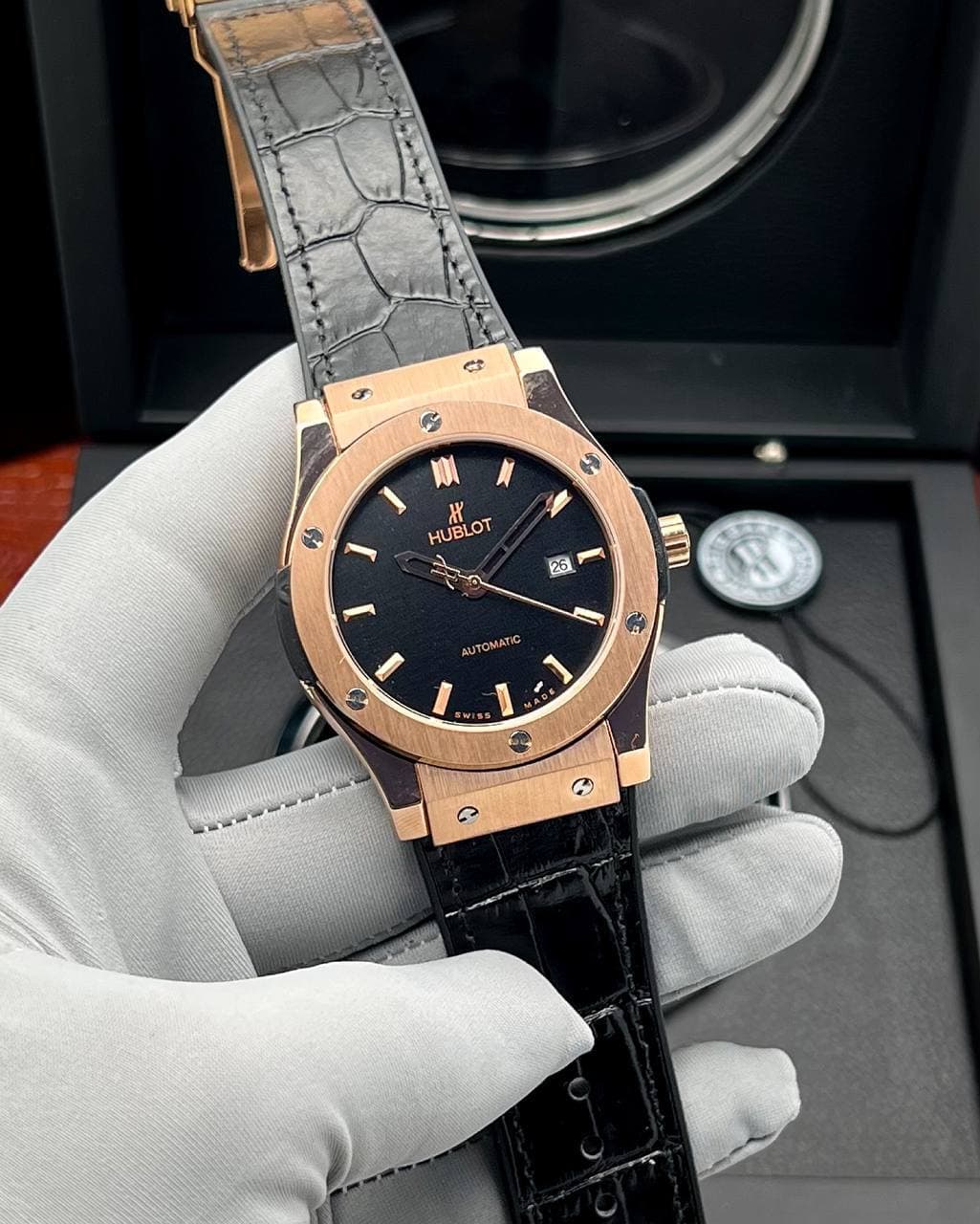 ساعت مچی هابلوت مردانه اتوماتیک Hublot مشکی دور رزگلد