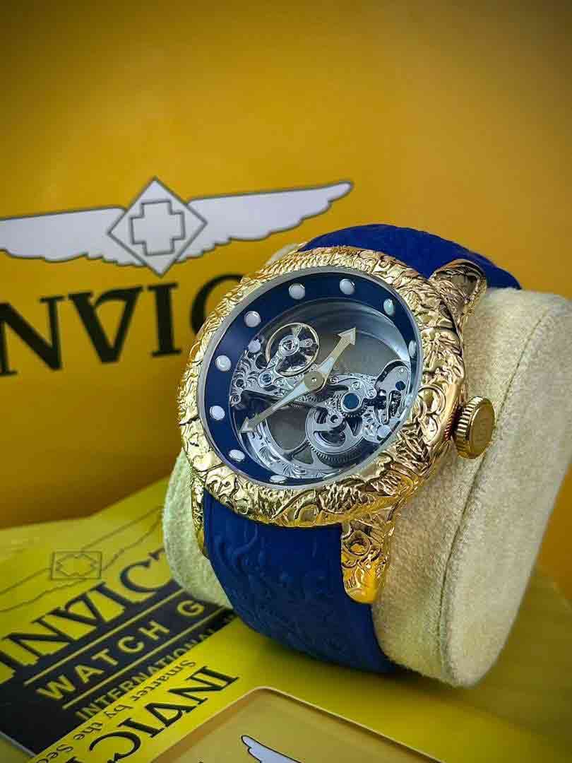 ساعت مچی مردانه اینویکتا اسکلتون مدل یاکوزا بند رابر سورمه ای طلایی INVICTA 2023G-S