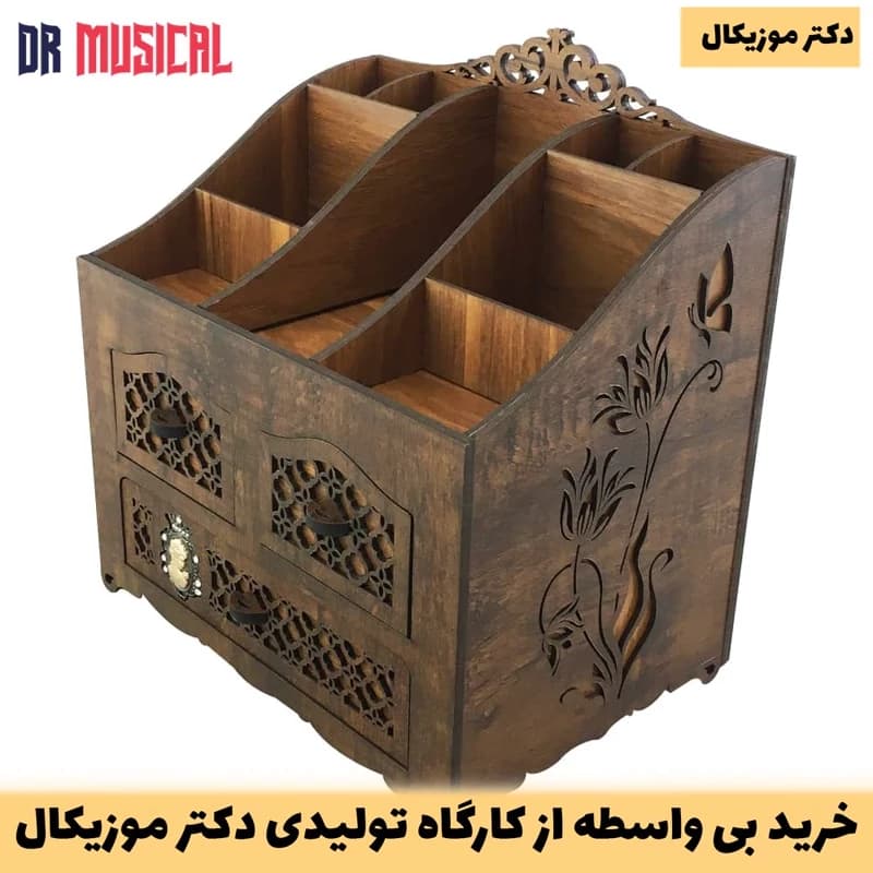 استند لوازم ارایش چوبی مدل سه کشو و نه مقسم با طرح گل-خرید بی واسطه از تولیدی دکتر موزیکال