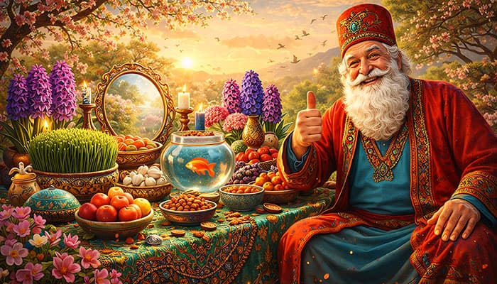 تصویر عمو نوروز در کنار سفره هفت سین با چهره شاد