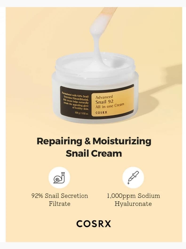 کرم پیشرفته حاوی نود و دو درصد موسین حلزون کوزارکس | 100 گرمی Cosrx Advanced snail 92 all in one cream 100ml — تصویر ۳