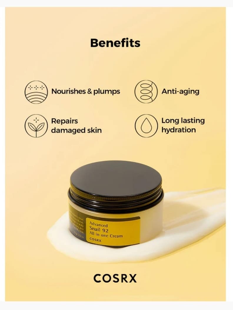کرم پیشرفته حاوی نود و دو درصد موسین حلزون کوزارکس | 100 گرمی Cosrx Advanced snail 92 all in one cream 100ml — تصویر ۴