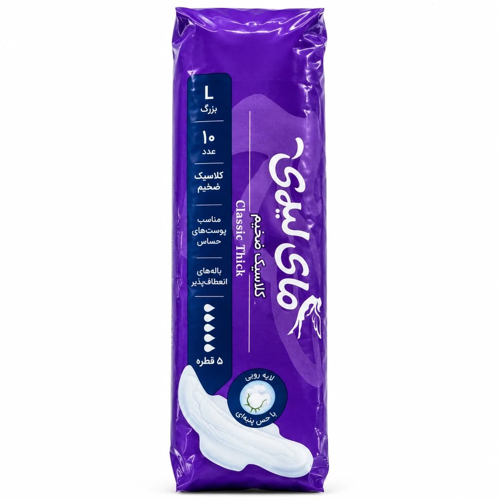 ‫نوار بهداشتی بالدار مای لیدی مدل Classic Thick پنبه‌ای سایز بزرگ L بسته 10 عددی
