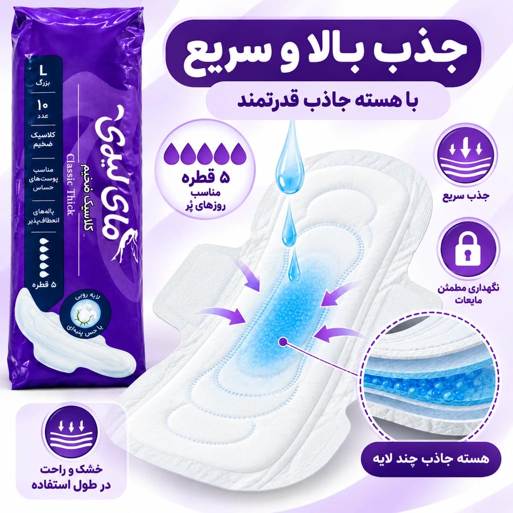 ‫نوار بهداشتی بالدار مای لیدی مدل Classic Thick پنبه‌ای سایز بزرگ L بسته 10 عددی — تصویر ۶