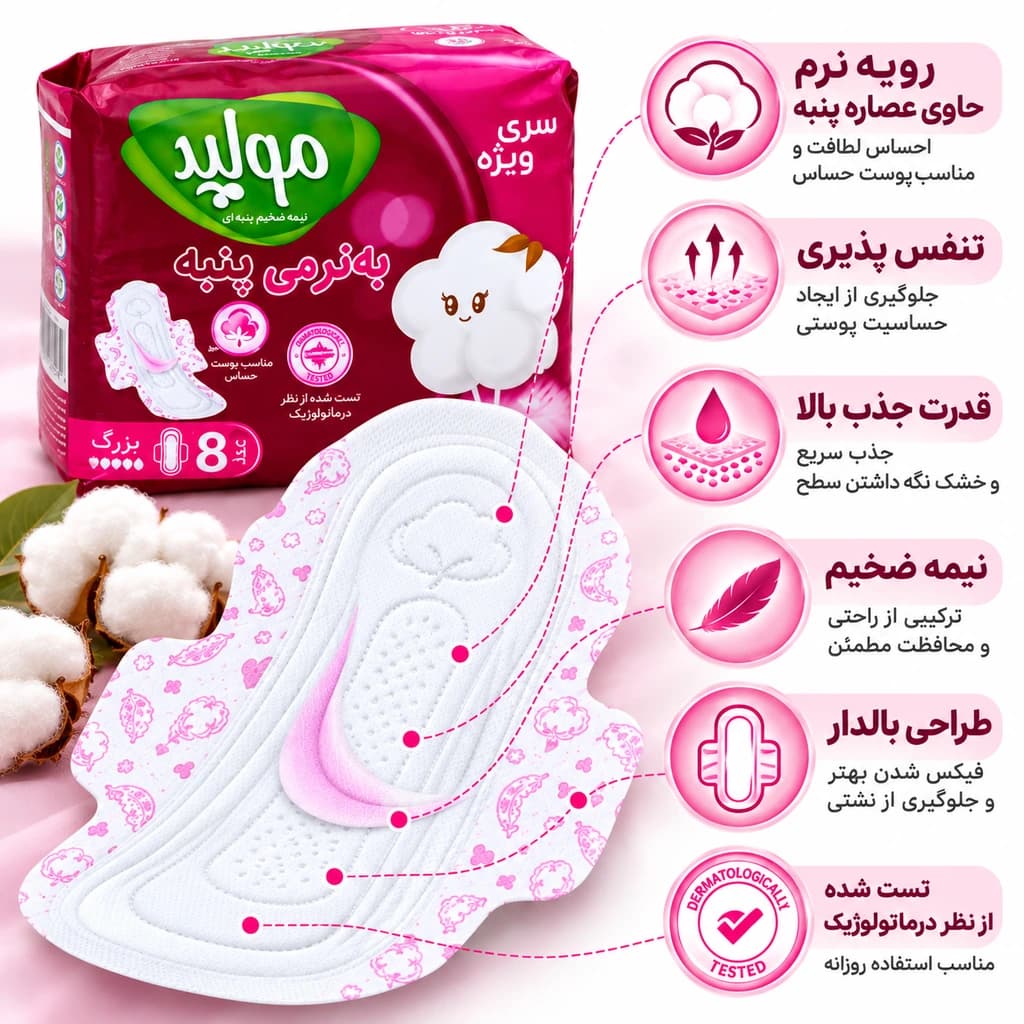 ‫نوار بهداشتی بالدار مولپد مدل Maxi Soft پنبه‌ای نیمه ضخیم سایز بزرگ 8 عددی — تصویر ۶