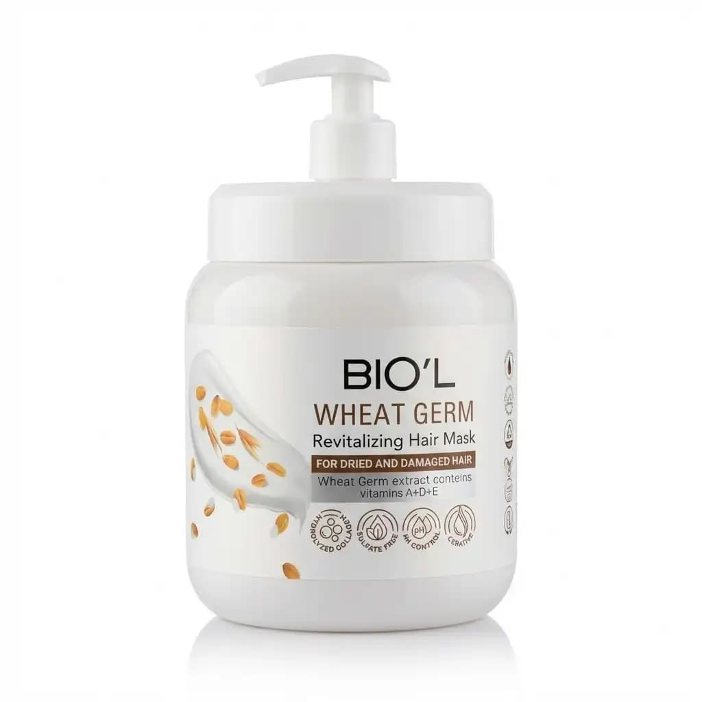 ماسک مو بیول Bio’l (با آبکشی) مدل جوانه گندم Wheat Germ احیا کننده موهای خشک و آسیب دیده پمپی کاسه ای حجم 800 میلی لیتری