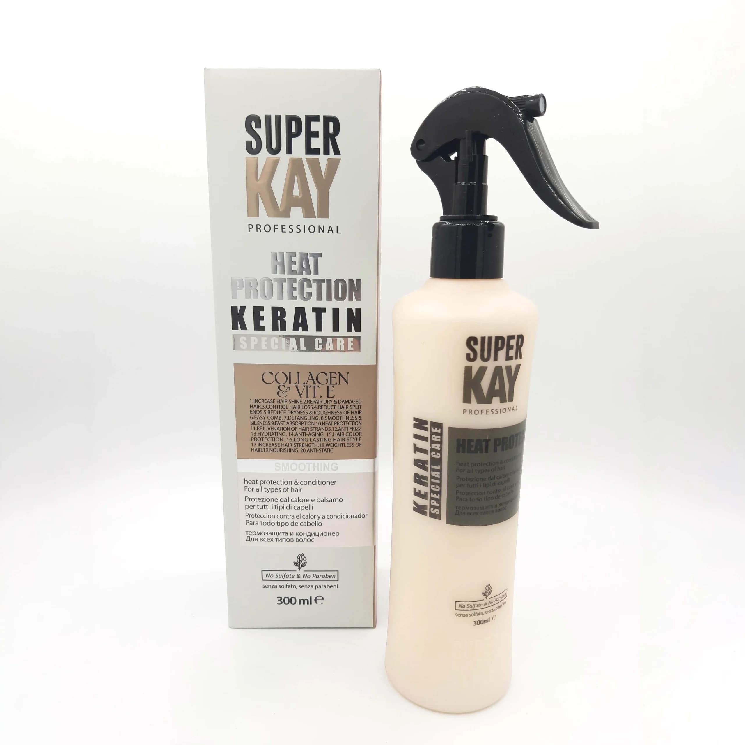 اسپری مو محافظ حرارتی سوپرکی Super Kay مدل کراتین مناسب موهای خشک و آسیب دیده فاقد سولفات حجم 300 میلی لیتری