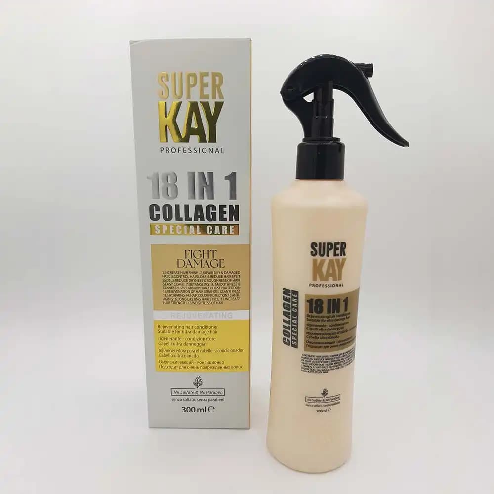 اسپری مو محافظ حرارتی 18 کاره سوپرکی Super Kay مدل کلاژن COLLAGEN مناسب موی آسیب دیده فری سولفات حجم 300 میلی لیتری