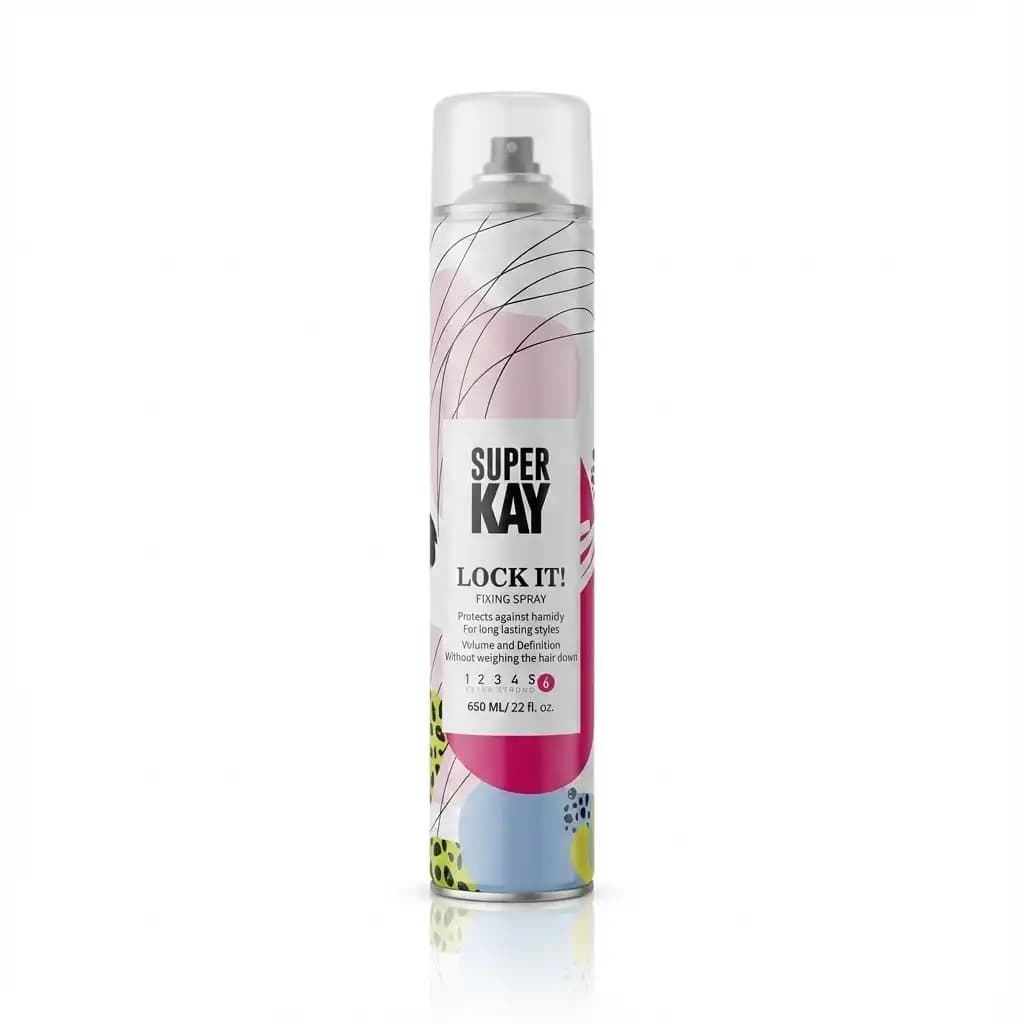 اسپری حالت دهنده مو (تافت) سوپرکی Super Kay مدل Lock It قدرت ۶ (Extra Strong) حجم 6۵۰ میلی لیتری