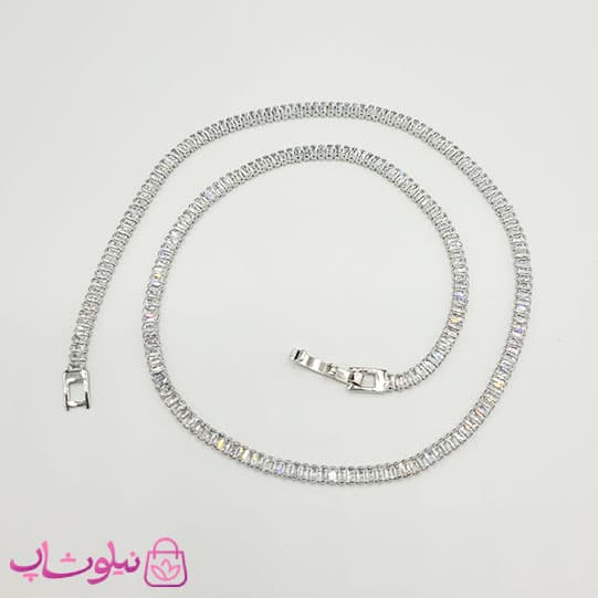گردنبند زنانه تنیسی نقره ای با نگین باگتی سفید 45 سانت 4 میل کد 370