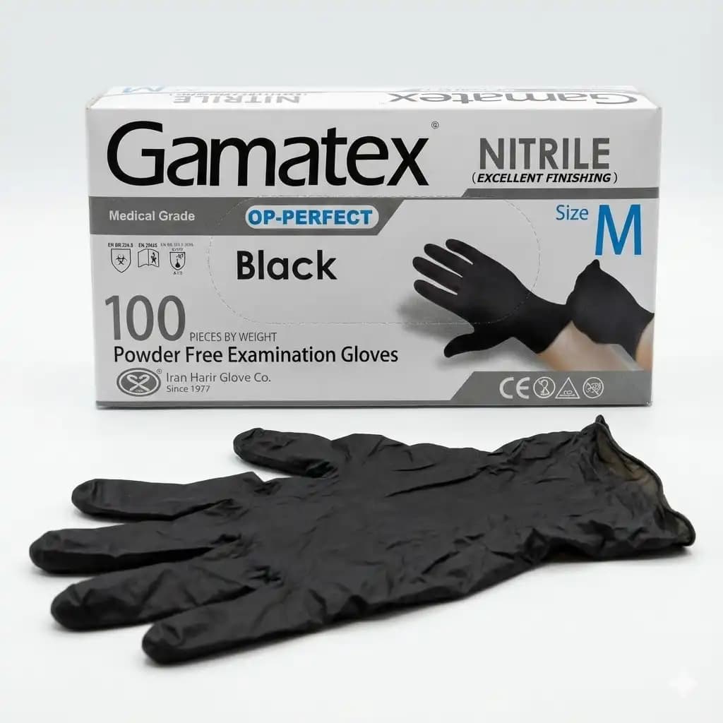 دستکش نیتریل مشکی گاماتکس Gamatex مدل OP-PERFECT بدون پودر و مدیکال گرید سایز متوسط (M) بسته 100 عددی