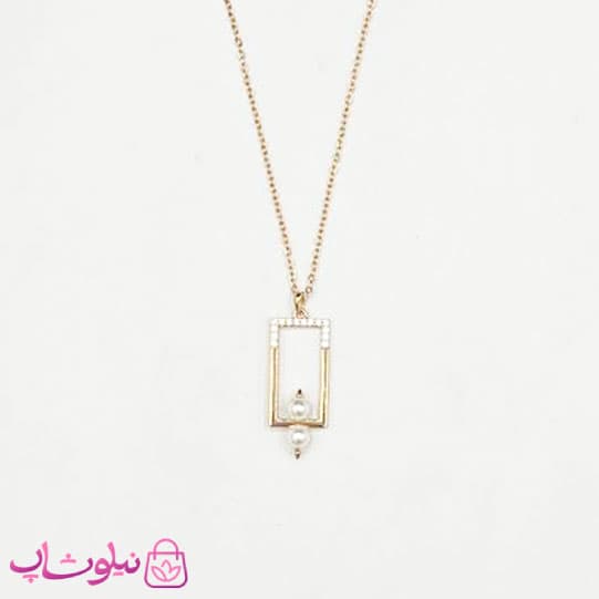 گردنبند زنانه ژوپینگ طرح مستطیل با گوی مرواریدی کد 2391