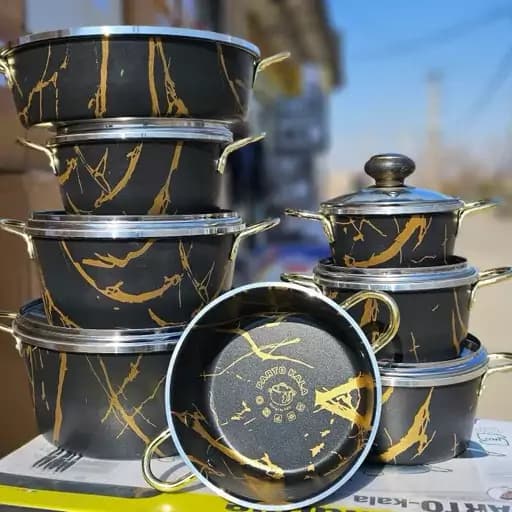 سرویس قابلمه 14 پارچه طرح سنگ ماربل هلنا دسته فلزی