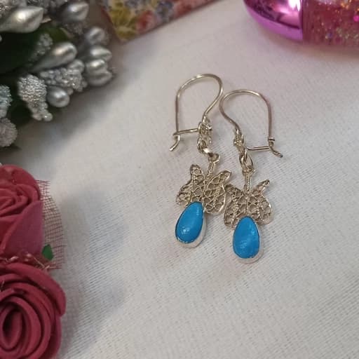 گوشواره نقره ملیله کاری اصفهان کد 562 نگین آبی اشکی