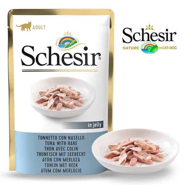 پوچ گربه بالغ شسیر طعم ماهی تن و ماهی هیک در ژله 85 گرم
