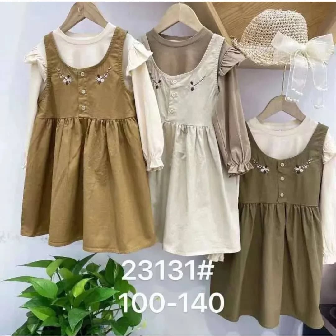 ست سارافون کتان و شومیز دخترانه وارداتی مناسب 4 تا 11 سال