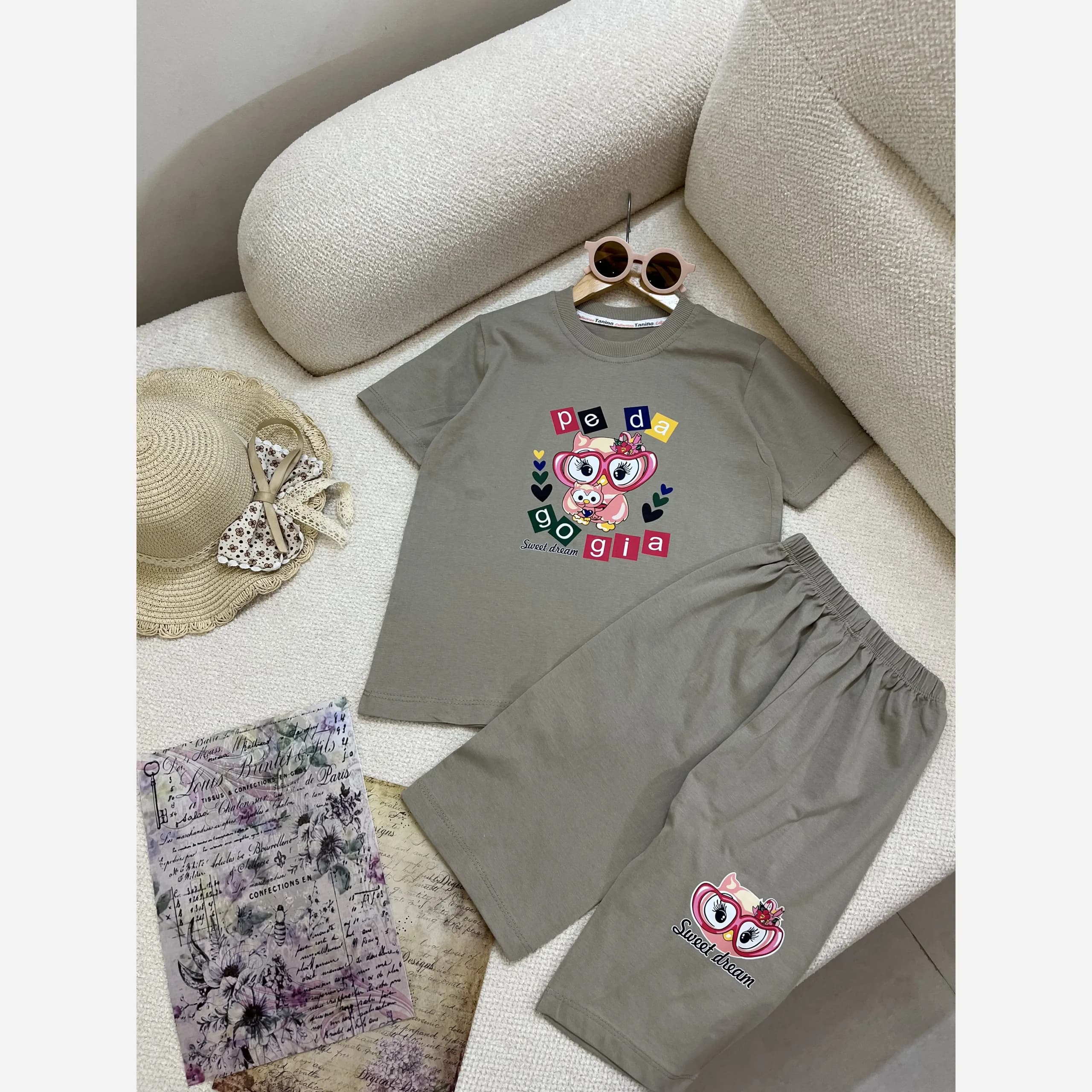 ست تیشرت و شلوارک دخترانه طرح جغد عینکی جنس پنبه ای — تصویر ۱۰
