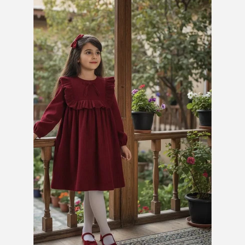 پیراهن دخترانه مخمل کبریتی قرمز یلدایی مناسب 3 تا 11 سال — تصویر ۳