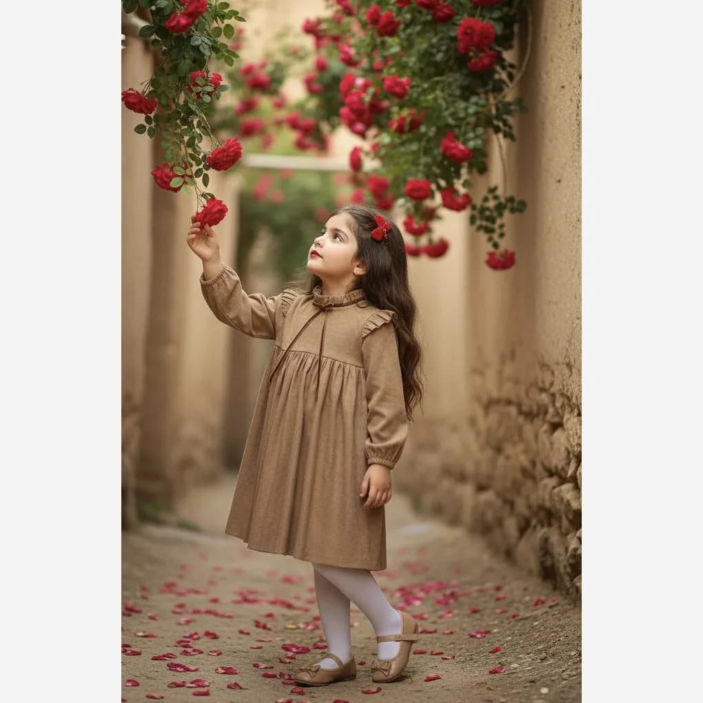 پیراهن دخترانه مخمل کبریتی یلدایی قرمز و کرم مناسب 4 تا 12 سال — تصویر ۶