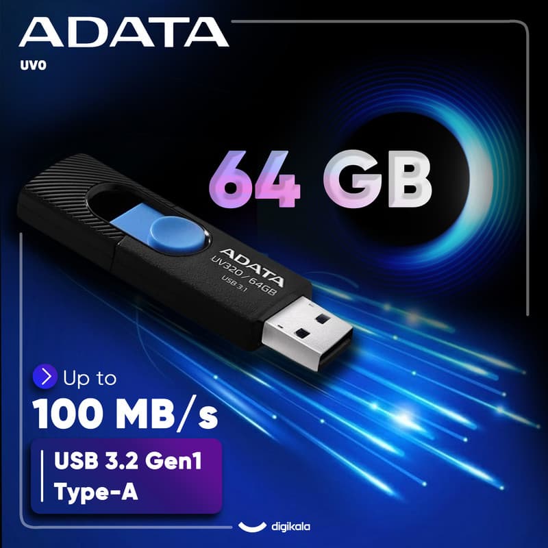 فلشمموری کشویی ای دیتا مدل UV320 ظرفیت 64 گیگابایت با رابط USB 3.2 Gen1 سرعت انتقال تا 10 گیگابیت بر ثانیه و سازگار با ویندوز، مک، لینوکس، گوشی و تلویزیون — تصویر ۳