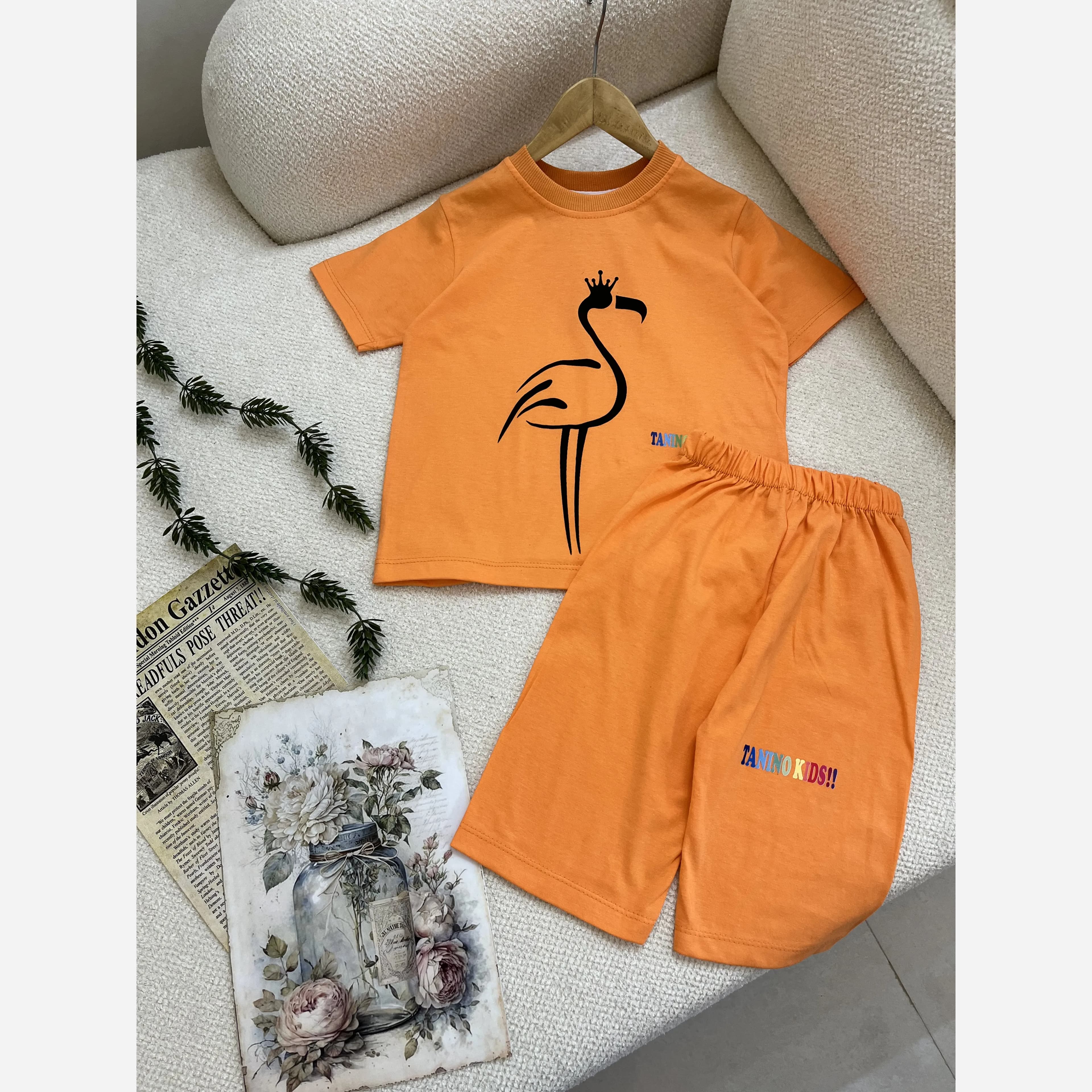 ست تیشرت و شلوارک دخترانه طرح فلامینگو جنس پنبه ای — تصویر ۳