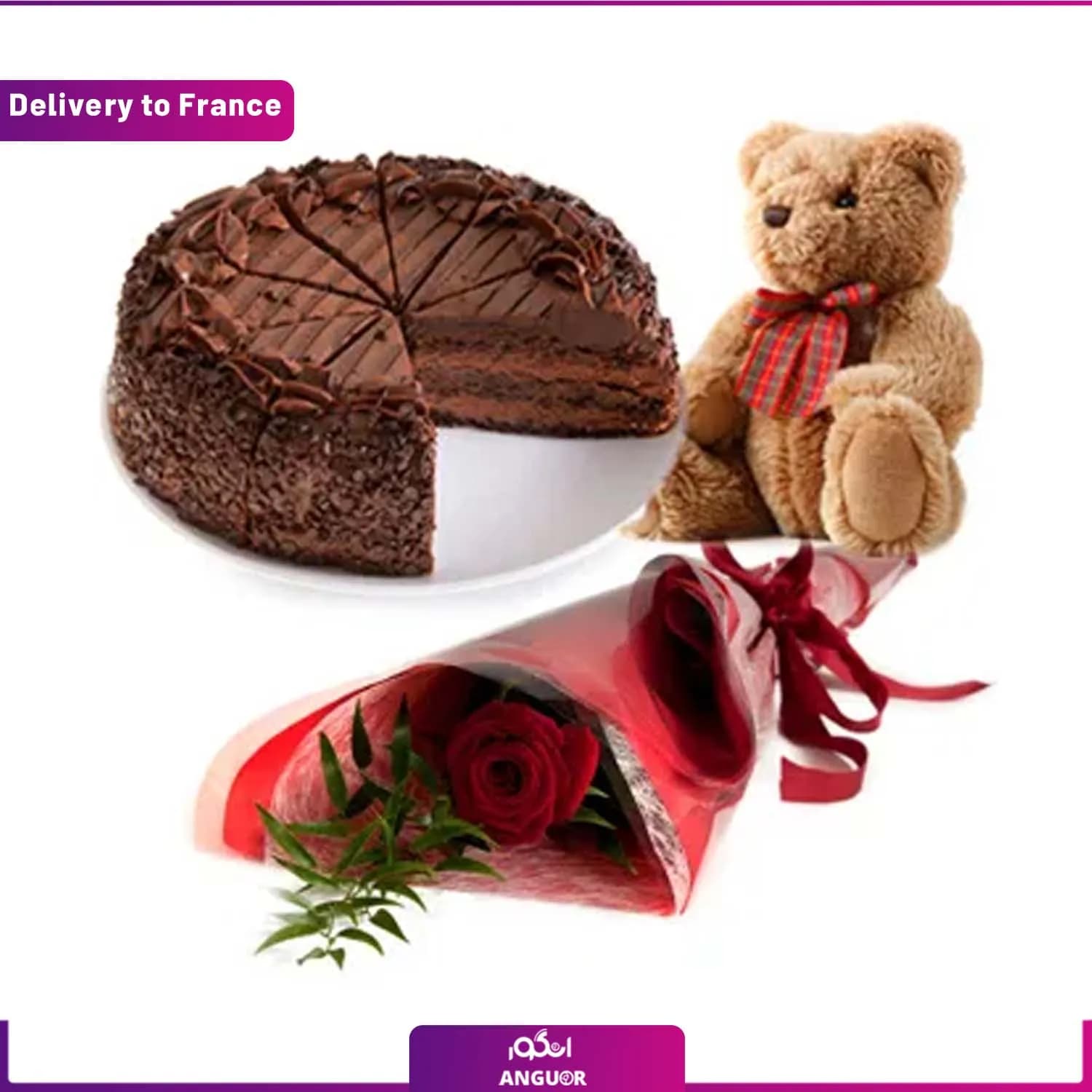 گل رز و عروسک و کیک (تحویل در فرانسه)