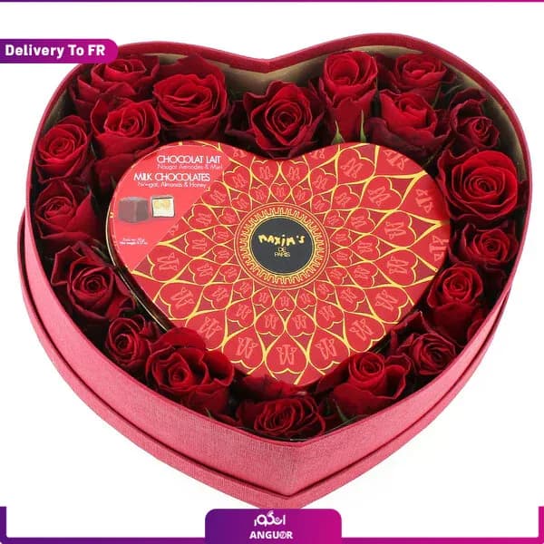 باکس گل و شکلات قلبی (تحویل در فرانسه)