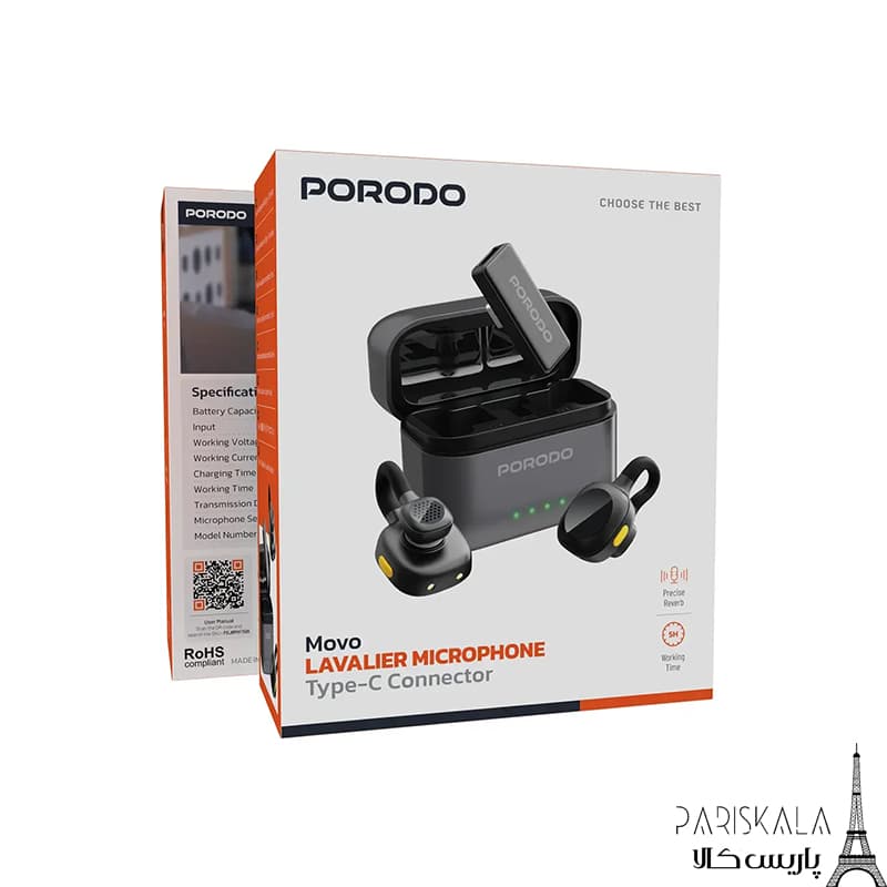 میکروفون یقه ای پرودو مدل دو کاربره PORODO Movo Lavalier Microphone PDLAMPHF76BK Type-C — تصویر ۳