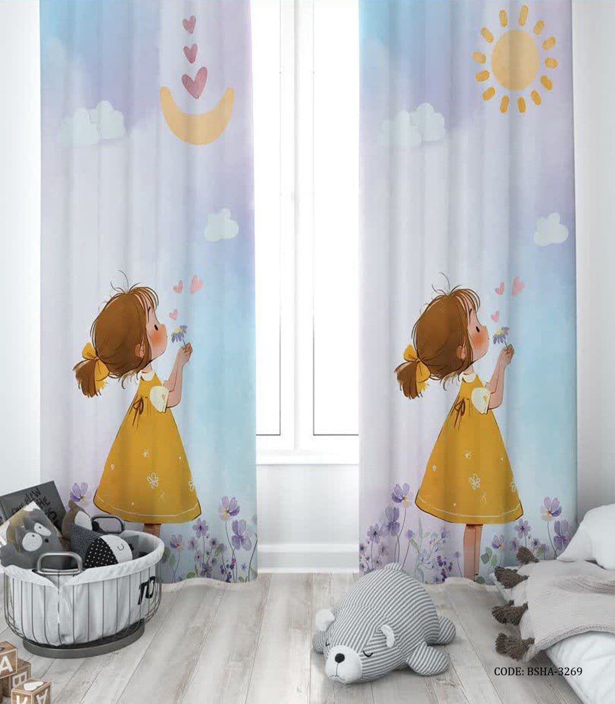 پرده پانچی دو تکه اتاق دخترانه طرح دختر خرس مدل Sunny Day