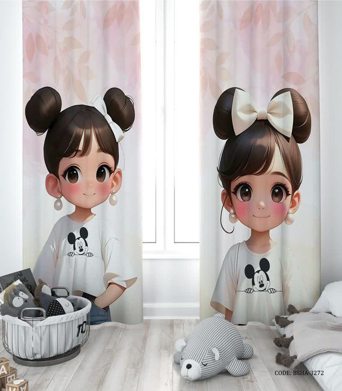 پرده پانچی دو تکه اتاق دخترانه طرح دختر مدل Qute Girl