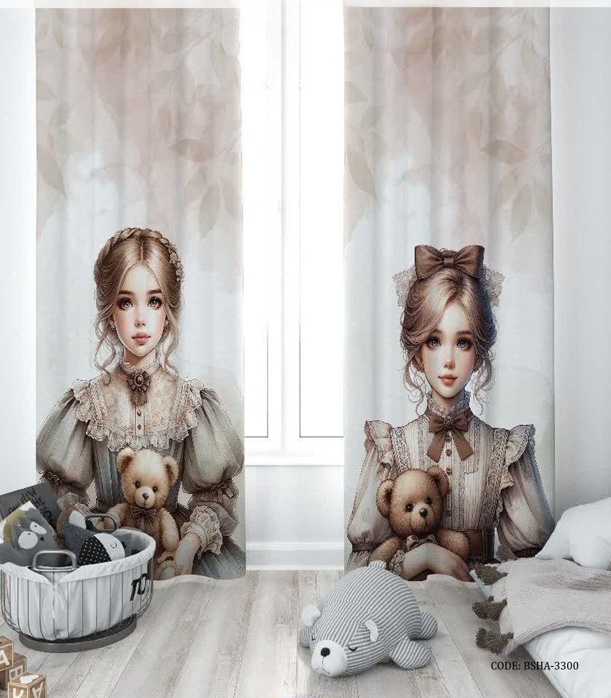 پرده پانچی دو تکه اتاق دخترانه طرح دختر با عروسک خرس مدل Julia