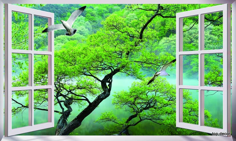 پوستر دیواری منظره پنجره‌ای جنگل سبز