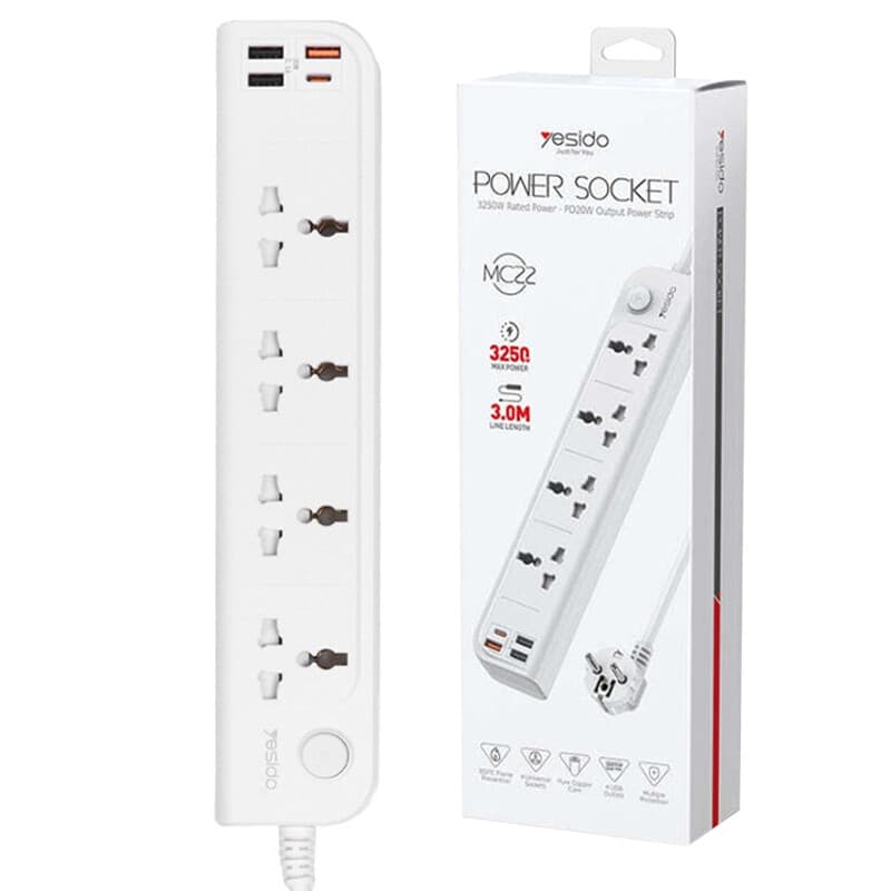 چند راهی 4 خانه برق یسیدو MC22 با کابل 3 متری + شارژر USB و Type-C