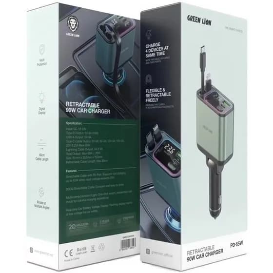 شارژر فندکی فست شارژ 90 وات گرین لاین Green Lion Retractable 90W Car Charger — تصویر ۲