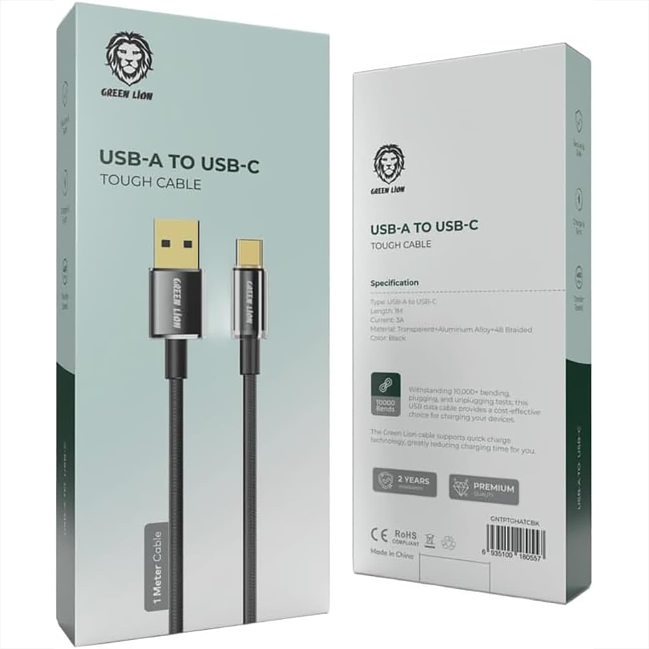 کابل تایپ سی 3 آمپر گرین لاین Green Lion مدل GNTPTGHATCBK یک متر — تصویر ۲