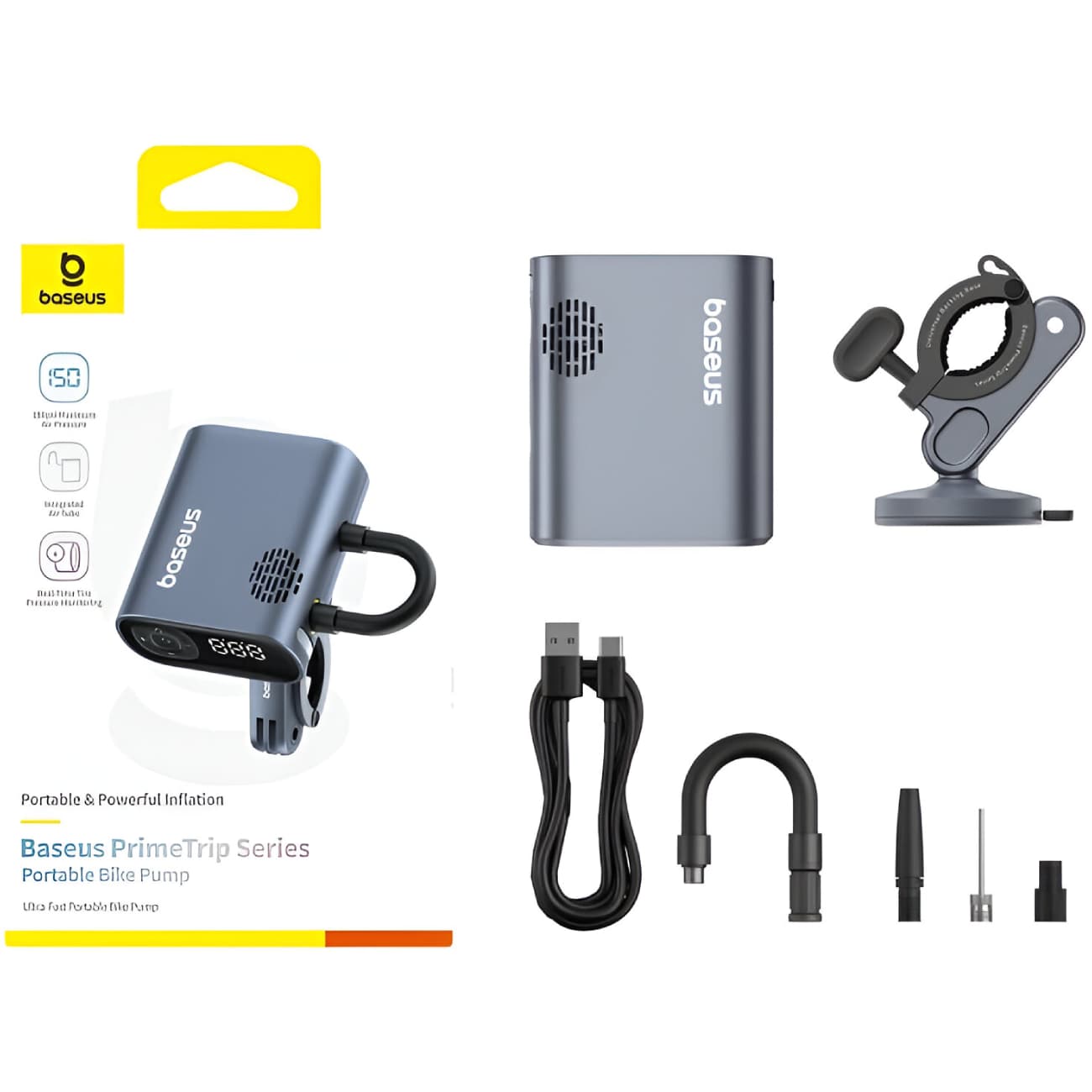 پمپ باد دیجیتالی شارژی دوچرخه و موتورسیکلت‌ با چراغ قوه قابل حمل بیسوس C11169000121-00 — تصویر ۶