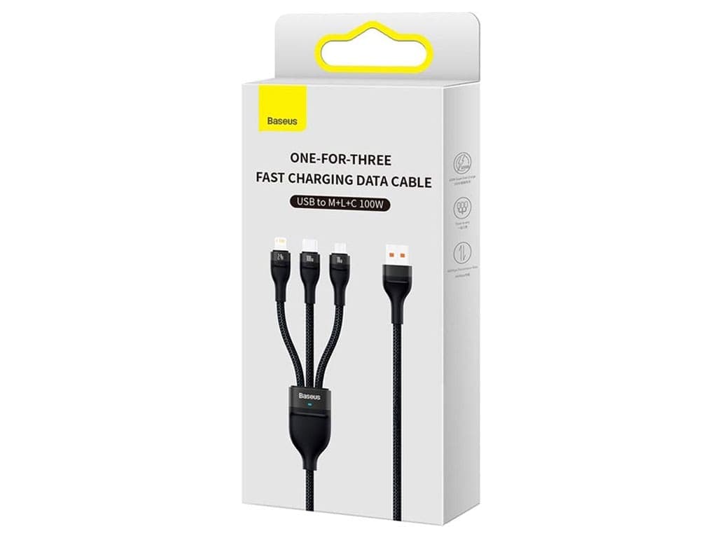 کابل سوپر فست شارژ سه سر یو اس بی به میکرو، تایپ‌ سی و لایتنینگ 1.2 متر بیسوس Baseus Flash Series Ⅱ Cable USB to M+L+C 100W CASS030001 — تصویر ۸