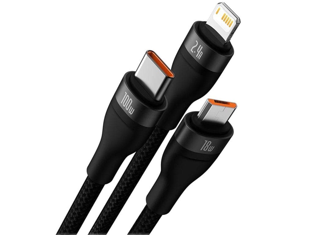 کابل سوپر فست شارژ سه سر یو اس بی به میکرو، تایپ‌ سی و لایتنینگ 1.2 متر بیسوس Baseus Flash Series Ⅱ Cable USB to M+L+C 100W CASS030001 — تصویر ۲