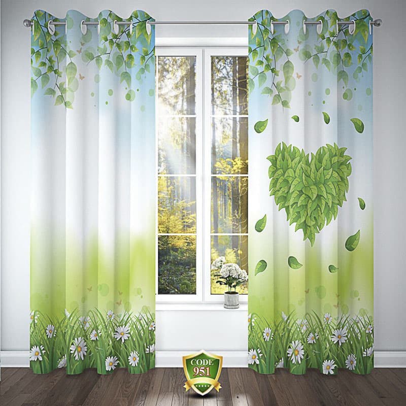 پرده چاپی پرده طرح طبیعت آبی و سفید و قلب سبز – هازان داتیس کد 951