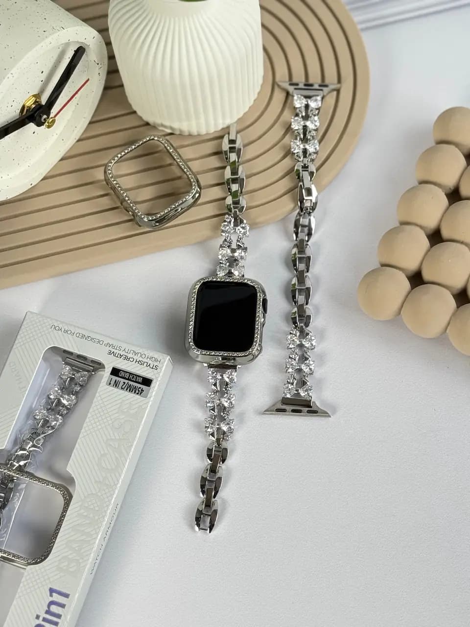 بند اپل واچ فلزی پاپیون کریستالی + گارد نگین دار (کدw5047) — تصویر ۲