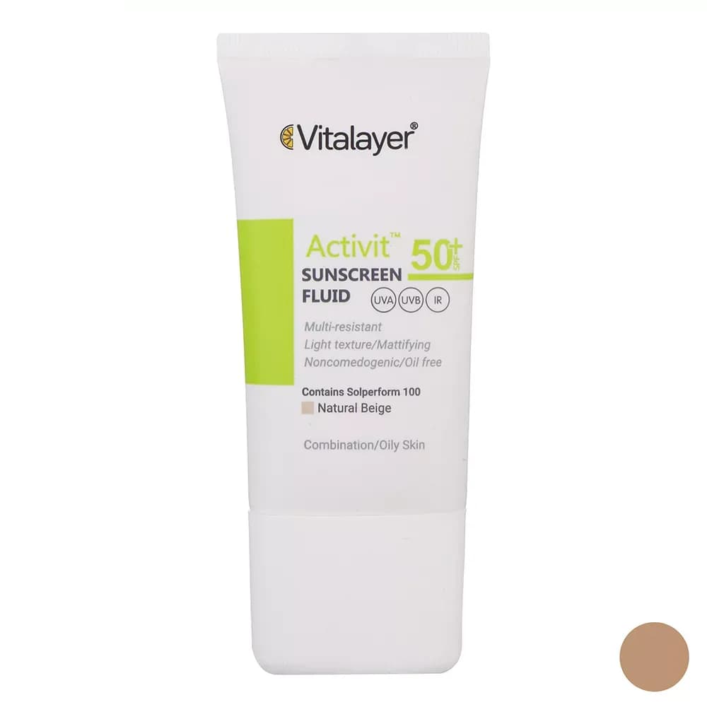 فلوئید ضدآفتاب رنگی ویتالیر SPF50 مدل Activit مناسب پوست‌ چرب حجم 50 میلی‌لیتر