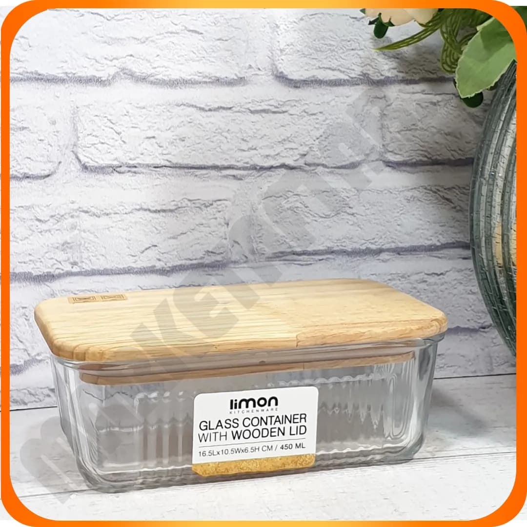 219059 ظرف شیشه ای مستطیل450میلی لیتر درب چوبی لیمون