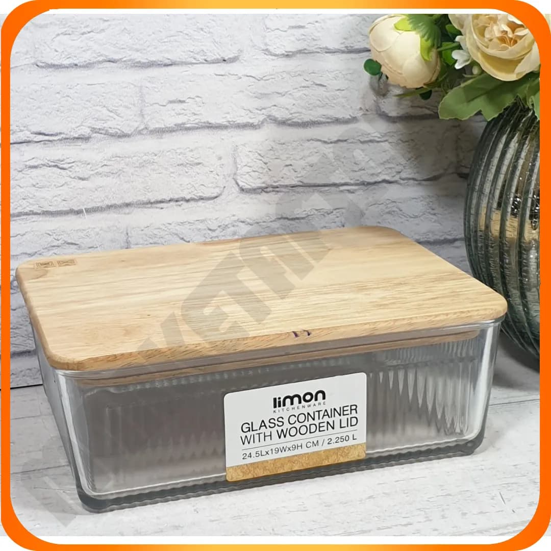 219259 ظرف شیشه ای شیاردار 2/25 لیتر درب چوبی لیمون