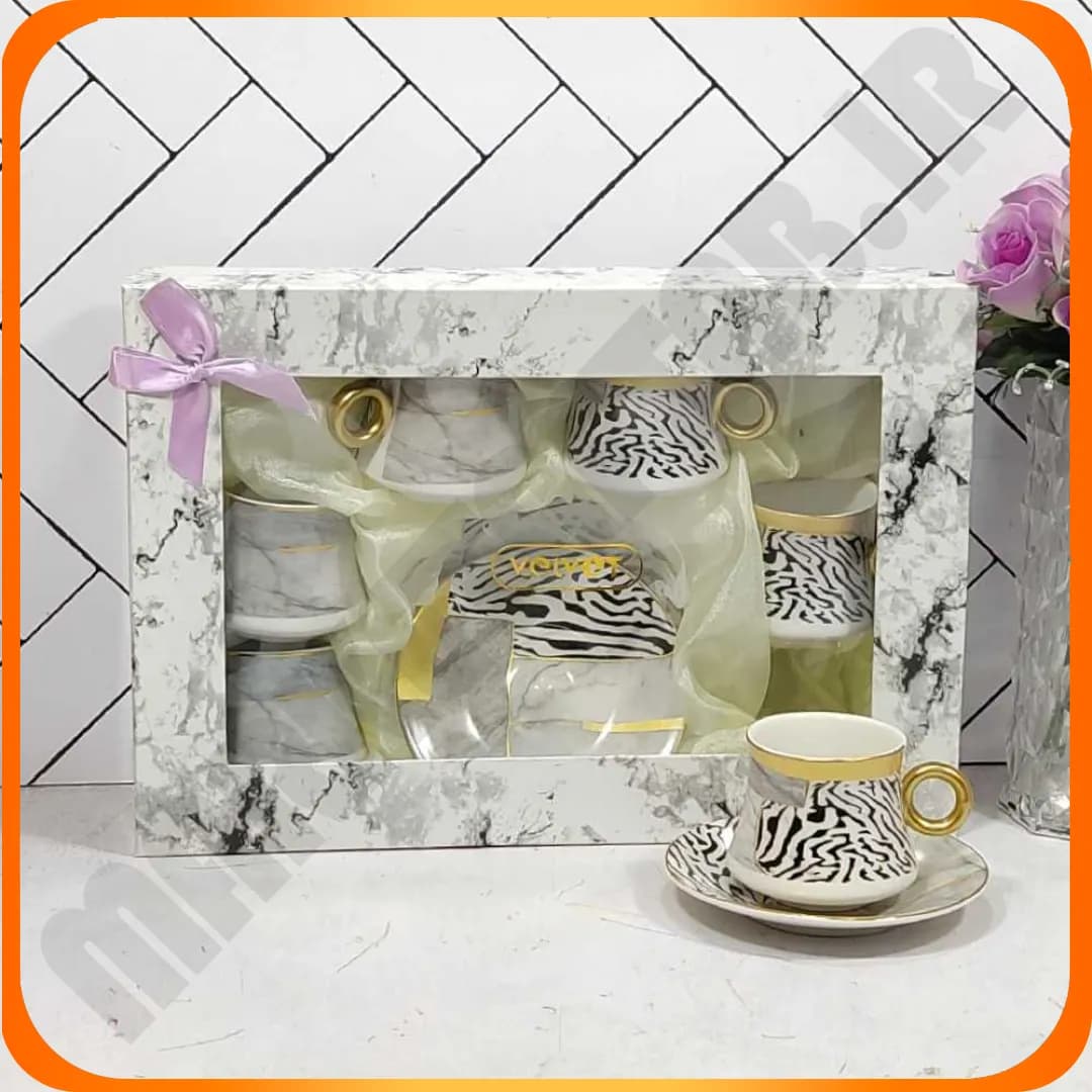ست فنجان ونعلبکی (چای خوری) 444سرامیک طرح پلنگی سفیدمشکی VELVET