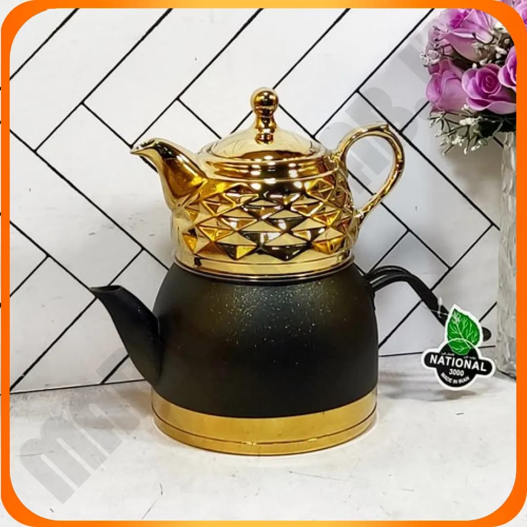 کتری قوری تک دسته 3 لیتر مشکی طلایی ناسیونال