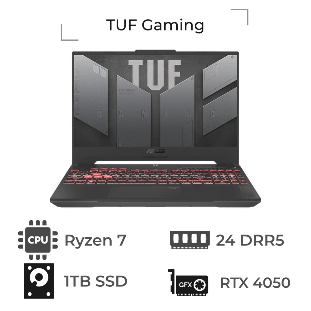لپ تاپ ایسوس 15.6 اینچ مدل TUF Gaming FA707NU-AA RYZEN 7 7735HS 24GB DDR5 1TB 6GB RTX 4050