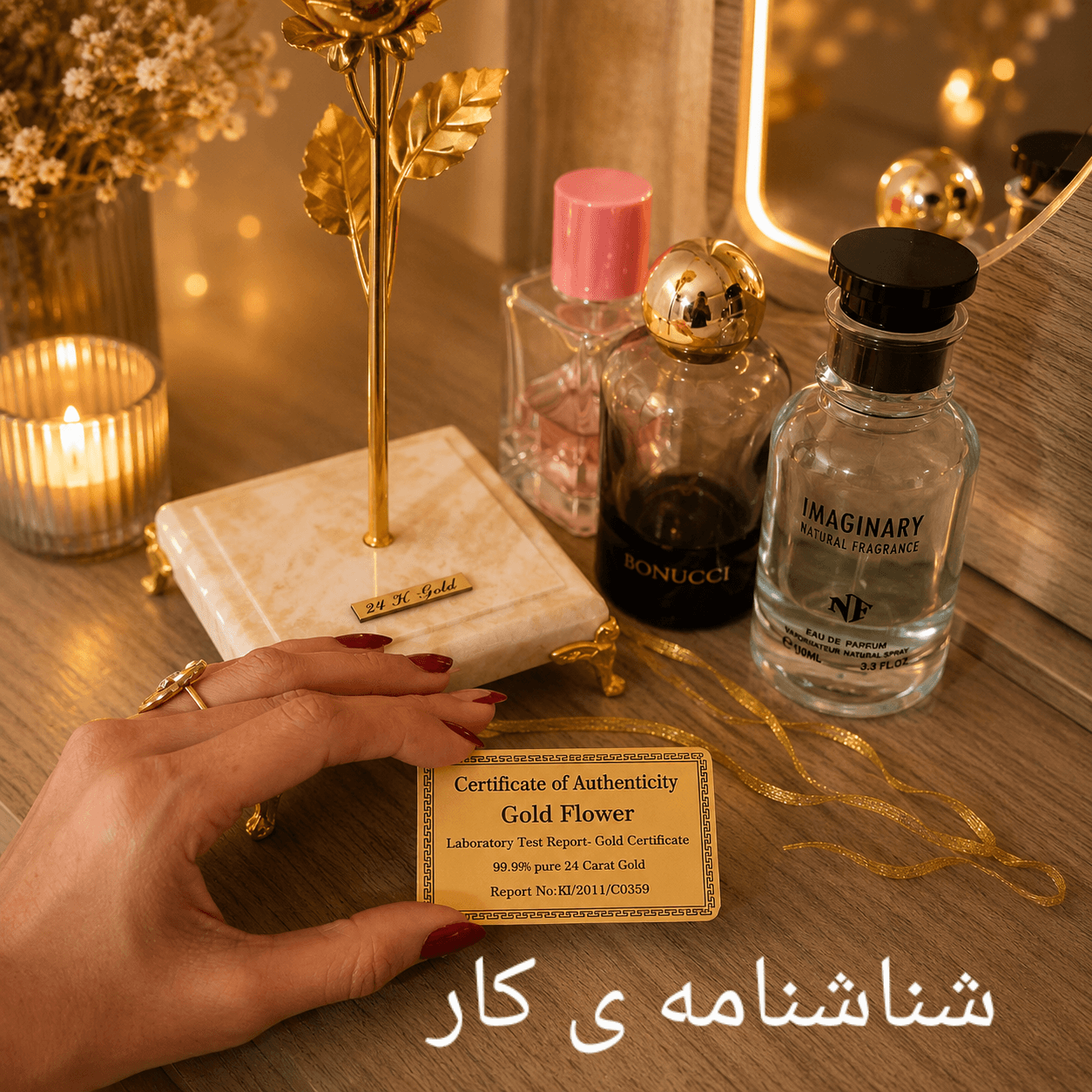 رز طلایی ۳ شاخه با بگ سورمه ای — تصویر ۴