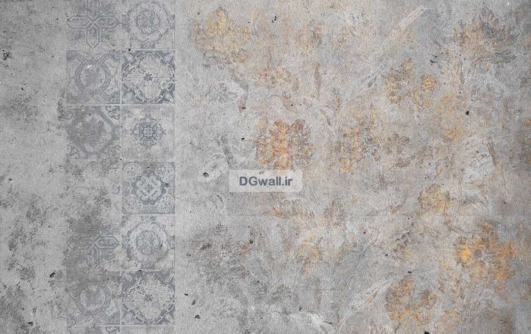پوستر کاغذ دیواری پتینه طرح سیمانی با کاشی و برگ PA0245 — تصویر ۲