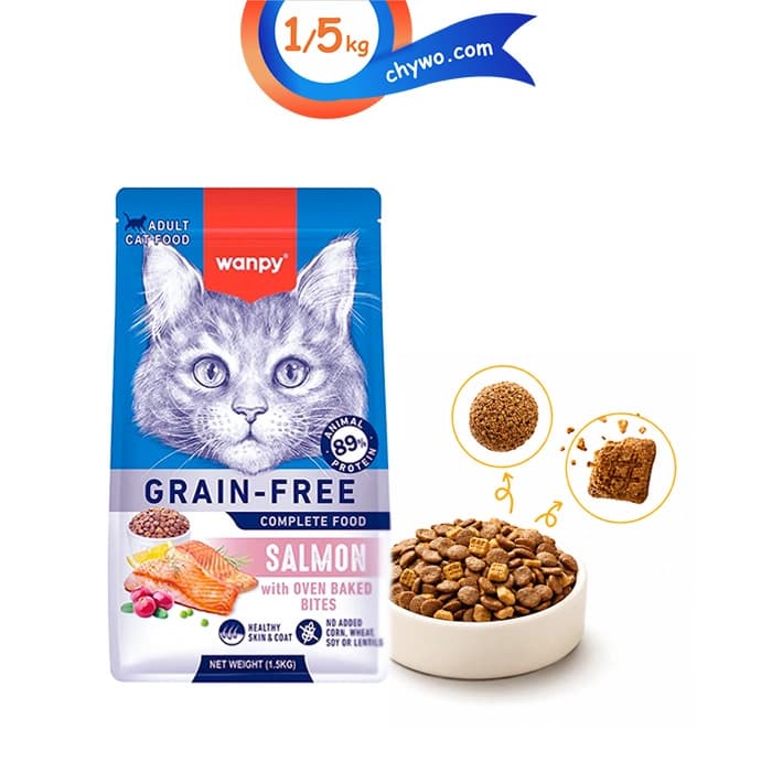 غذای خشک گربه بالغ ونپی طعم ماهی سالمون حاوی دانه تشویقی وزن 1/5 کیلوگرم Wanpy Cat Food Salmon
