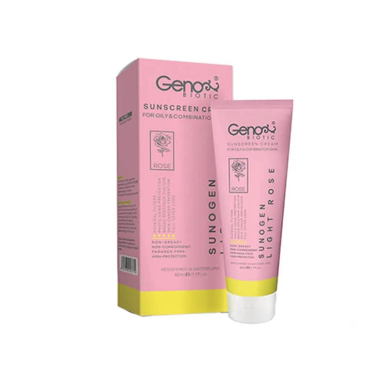 کرم ضدآفتاب ژنوبایوتیک پوست های چرب و مختلط رز روشن SPF50 فاقد چربی و پارابن